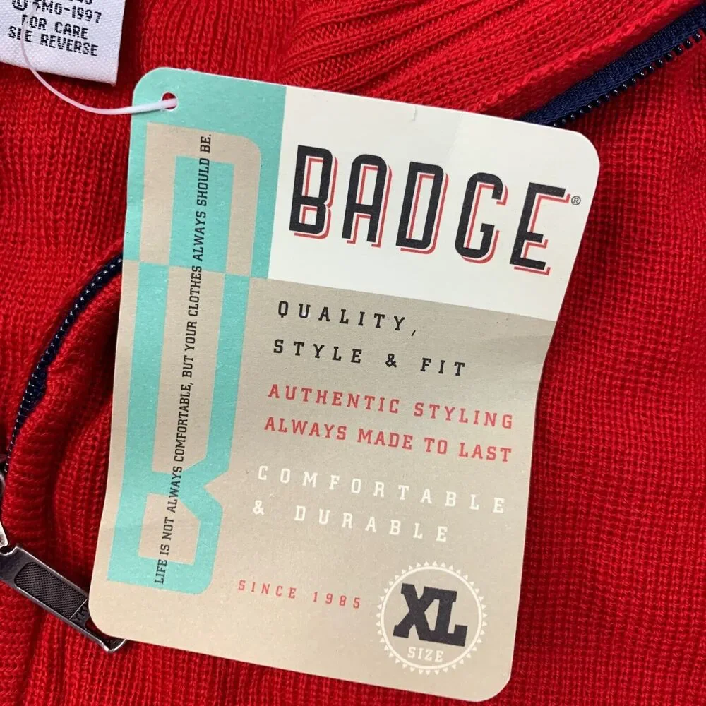 Vintage Badge Sweater Mens XL Extra Large‎ Navy Red Acrylic 1/4 Zip Colorblock